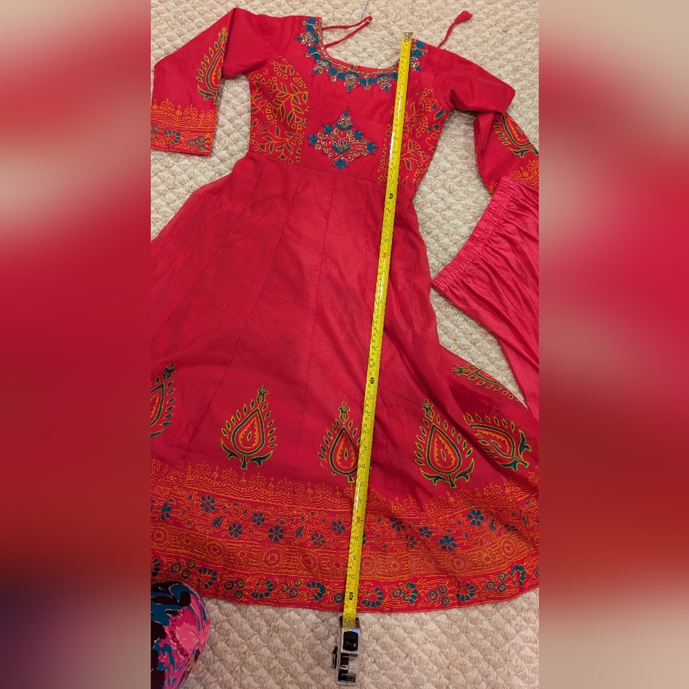 Girls Anarkali Suit - Pink, Orange & Green | Indian Ethnic Party Wear - Picture 12 of 16